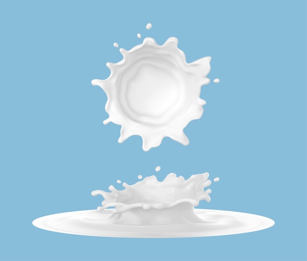 Vecteur Éclaboussure de lait isolée sur fond bleu yogourt ou crème de produit laitier naturel dans les éclaboussures de couronne avec des gouttes volantes illustration vectorielle réaliste