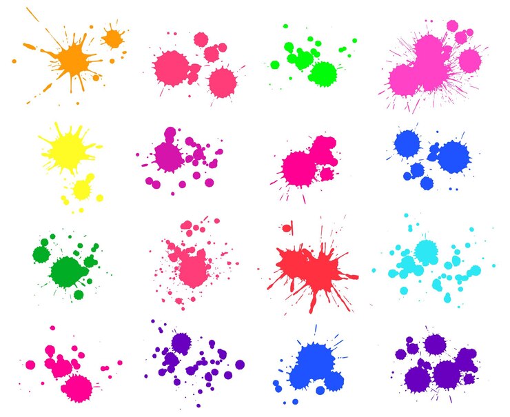 Vecteur éclaboussure de peinture de couleur. taches d'encre brillantes et taches de pulvérisation isolées sur blanc. repérez ou déposez des éléments. collection d'éclaboussures de peinture aquarelle, taches colorées liquides définies illustration vectorielle
