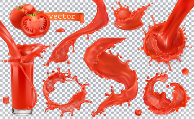 Éclaboussure de peinture rouge. Tomate, Fraises. Jeu d'icônes vectorielles réalistes 3D