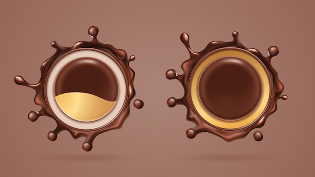 Éclaboussures de chocolat ou de liquide de cacao, goutte. Éclaboussure de choco noir réaliste isolé ou goutte brune.