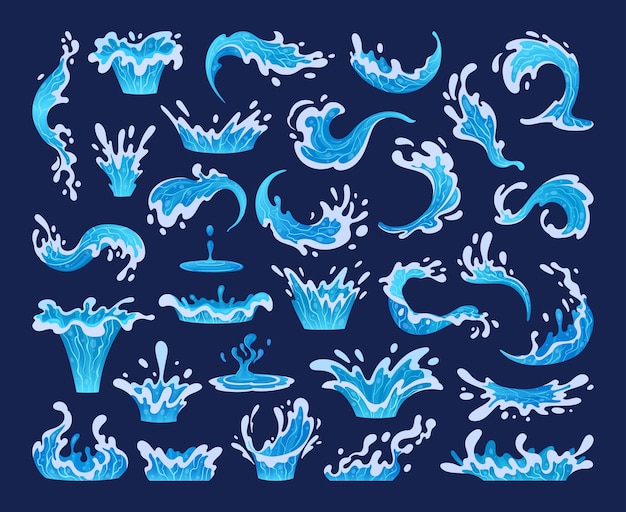 Des éclaboussures d'eau des dessins animés de l'aqua éclatant les vagues bleues de l'océan les gouttes et les flux d'eau l'eau transparente éclabousse un ensemble d'illustrations vectorielles plates collection de mouvement d'eau propre