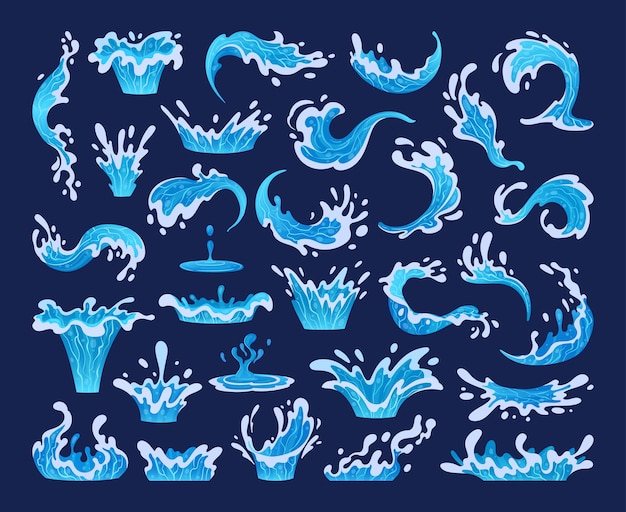 Des éclaboussures D'eau Des Dessins Animés De L'aqua éclatant Les Vagues Bleues De L'océan Les Gouttes Et Les Flux D'eau L'eau Transparente éclabousse Un Ensemble D'illustrations Vectorielles Plates Collection De Mouvement D'eau Propre