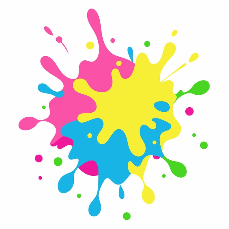 Vecteur des éclaboussures de peinture en jaune, vert, bleu et rose.