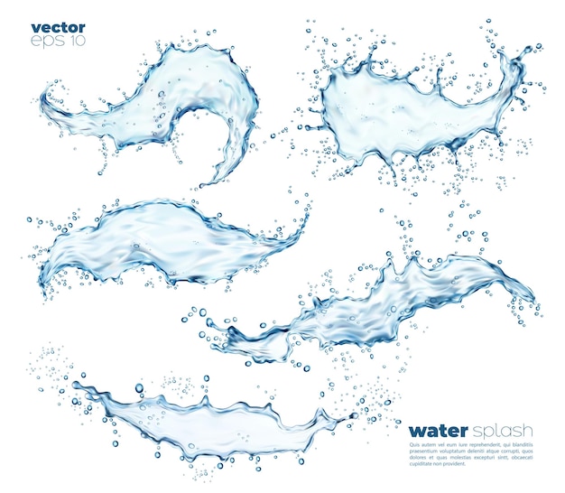 Des éclaboussures de vagues d'eau bleue isolées coulent avec des gouttes