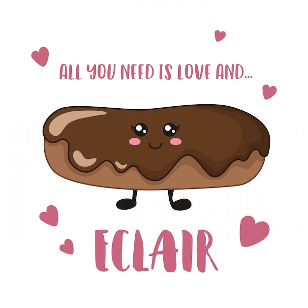 Éclair Au Chocolat Kawaii En Dessin Animé Sur Un Modèle De Carte Blanche