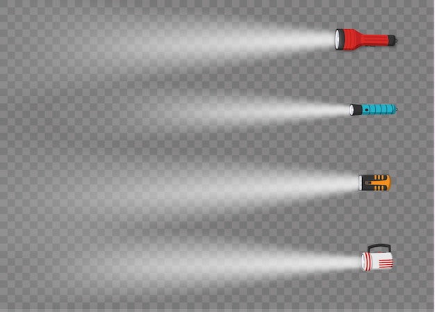 Éclairage lampe de poche avec projecteur ou flash. Ensemble de lanterne ou lampe clignotante. Différents types de lampes de poche avec des faisceaux de lumière sur le fond transparent