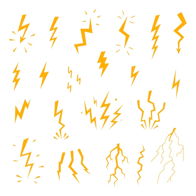 Éclairs de dessin animé de vecteur et icône de tonnerre mis design plat isolé