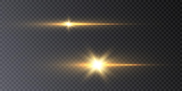 Des éclairs dorés de lumière et d'éblouissement. Faisceaux de lumière laser. Belle lumière clignote.