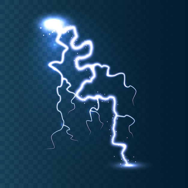 Vecteur des éclairs réalistes sur un fond bleu transparent, des orages et des étincelles de lumière.