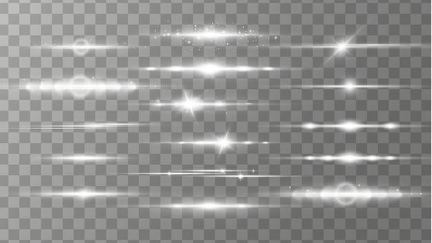 Éclats d'objectif horizontaux blancs, faisceaux laser, lumière parasite.