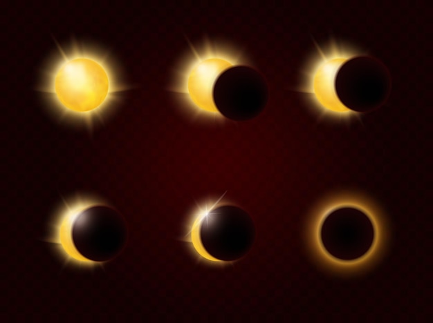 Éclipse solaire dans différentes phases cycle complet lueur du soleil réaliste et anneau de soleil