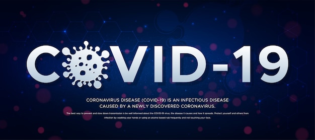 Vecteur Éclosion de maladie à coronavirus (2019-ncov), bannière sur la maladie infectieuse. en-tête covid -19 et silhouette de virus sur fond bleu. une épidémie mondiale menace le concept de santé des gens.