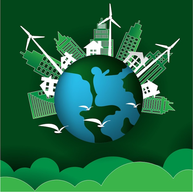 Éco-écosystème Futur De La Ville Avec La Conception De Vecteurs D'énergie De Recyclage Vert De Construction Et De Moulin à Vent