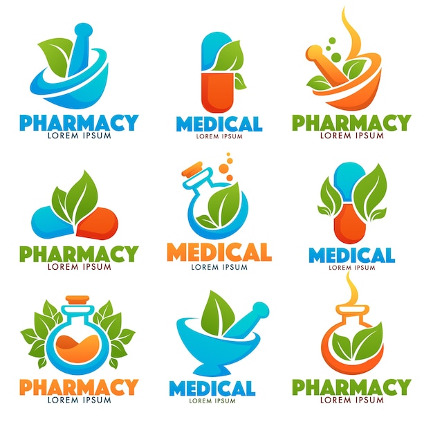 Vecteur eco pharma, modèle de logo brillant brillant avec des images de bouteilles, pilons, pilules et feuilles vertes