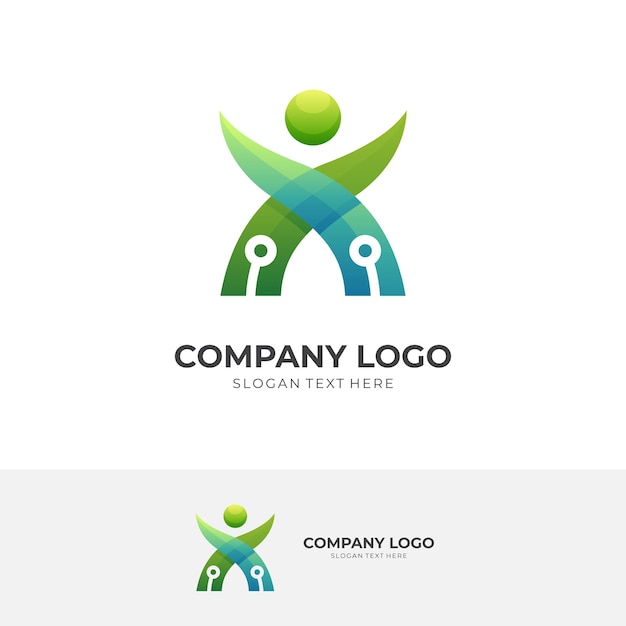 Eco Tech Humain Logo Vecteur Personnes Feuille Et Circuit Imprimé Logo Combiné Avec Style De Couleur Vert Et Bleu 3d