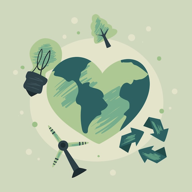 Vecteur eco terre coeur avec icon set sur fond vert