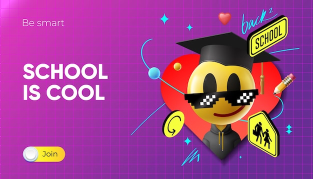 L'école Est Cool. Bannière Web De Retour à L'école Avec Visage Souriant Emoji En Image Vectorielle Chapeau De Graduation