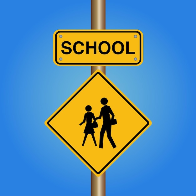 Vecteur École ou piéton avec panneau de signalisation routière pour enfant avec poteau métallique
