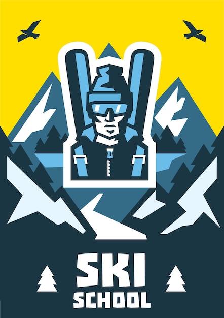 École De Ski éducation Formation Mentorat Logo Skieur Dans Des Verres Air Frais à L'horizon Hiver Vue Sur La Nature Forêt De Pins Montagne Illustration Vectorielle Style Plat