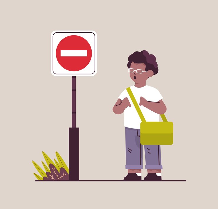 Vecteur écolier afro-américain avec sac à dos debout près de la sécurité routière du panneau de signalisation d'arrêt rouge