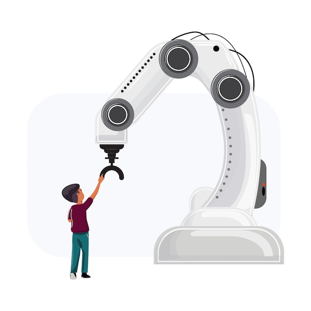 Un écolier faisant un geste vers le bras d'un robot industriel symbolise l'éducation technologique.