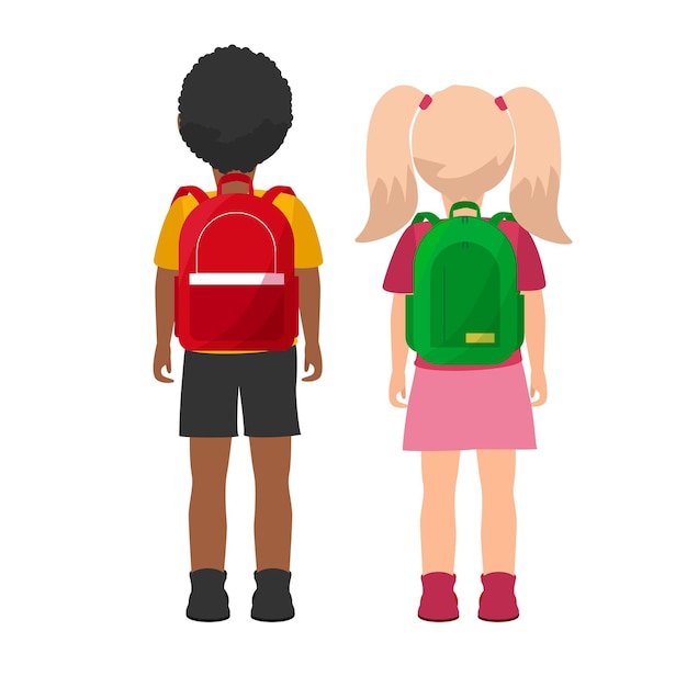 Vecteur Écolier et fille debout avec sac à dos sur le dos. garçon aux cheveux foncés, chemise orange