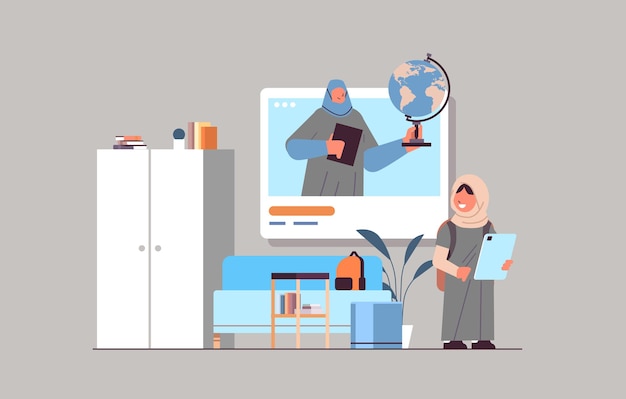 écolière arabe discutant avec l'enseignant dans la fenêtre du navigateur Web pendant l'appel vidéo concept de communication en ligne auto-isolement illustration vectorielle horizontale