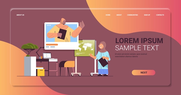 écolière arabe discutant avec un professeur d'arabe dans la fenêtre du navigateur Web pendant l'appel vidéo concept de communication en ligne auto-isolement salon espace de copie intérieur illustration vectorielle horizontale