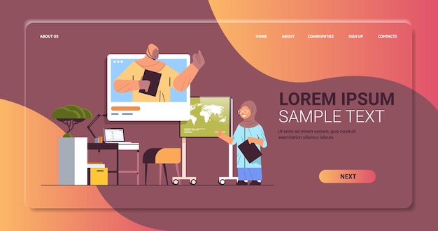 Écolière Arabe Discutant Avec Un Professeur D'arabe Dans La Fenêtre Du Navigateur Web Pendant L'appel Vidéo Concept De Communication En Ligne Auto-isolement Salon Espace De Copie Intérieur Illustration Vectorielle Horizontale