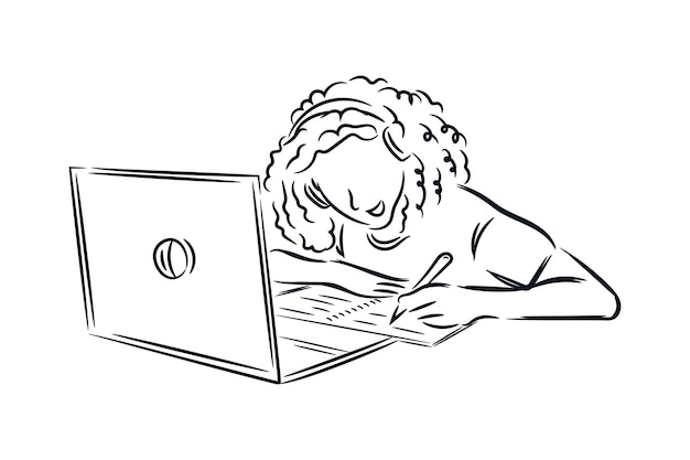 Vecteur une écolière fait ses devoirs en écrivant devant un ordinateur portable. art linéaire dessiné à la main. illustration vectorielle.