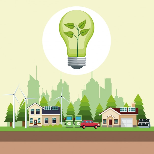 L&#39;écologie de l&#39;ampoule abrite une station d&#39;essence à panneau solaire et des éoliennes urbaines