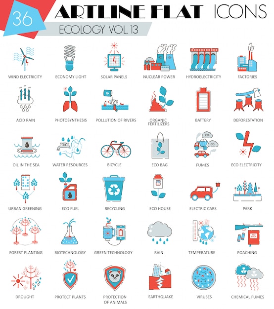 Écologie, Icônes De La Ligne Plate De L'énergie Verte