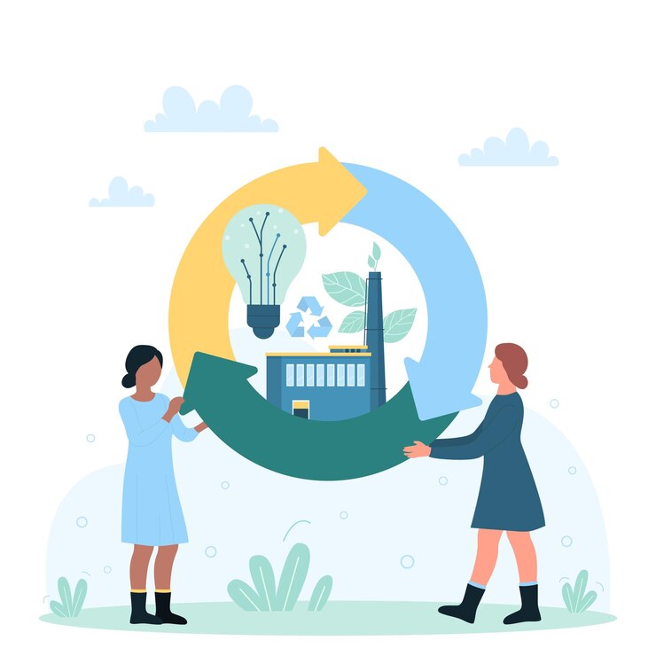 Vecteur économie circulaire et production d'énergie petites personnes tenant un panneau de vélo avec une usine d'électricité