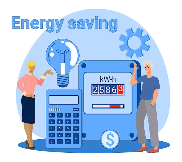 Économie D'énergie Les Gens Sur Le Fond D'un Compteur électrique Et D'une Calculatrice Comptent