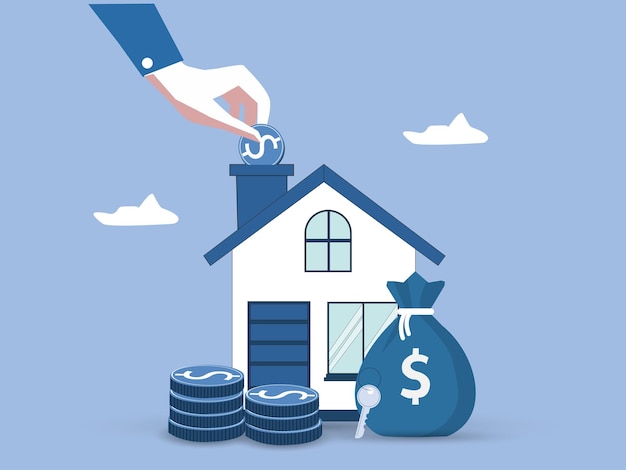 économiser de l'argent pour le prêt immobilier détenant une pièce de monnaie avec la maison et le sac d'argent commerce immobilier Acheter et vendre une maison auprès des banques Hypothèque et location illustration vectorielle design plat