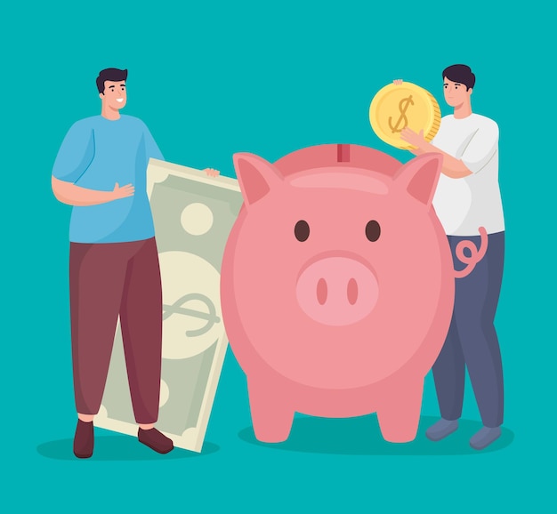 Économisez De L'argent Des Hommes Tenant Un Billet De Banque Et Un Cochon