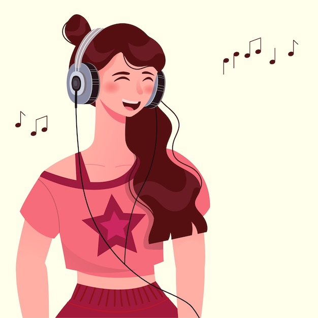 Écouter du concept de musique femme heureuse avec des écouteurs écoute ses chanteurs et groupes préférés