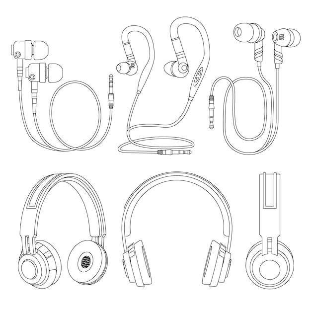 Écouteurs Contour, Illustration Vectorielle De Casque Sans Fil Et Musique Filaire Isolé