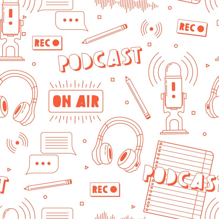 Écouteurs, microphone, liste de notes, thé, discours bulles icônes motif sans couture. Enregistrement de podcasts