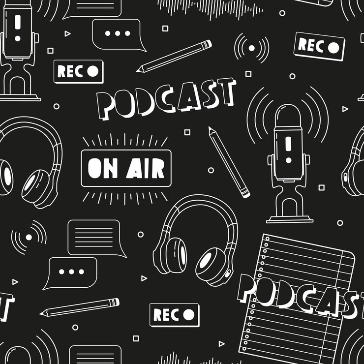 Écouteurs, microphone, liste de notes, thé, discours bulles icônes motif sans couture. Enregistrement de podcasts