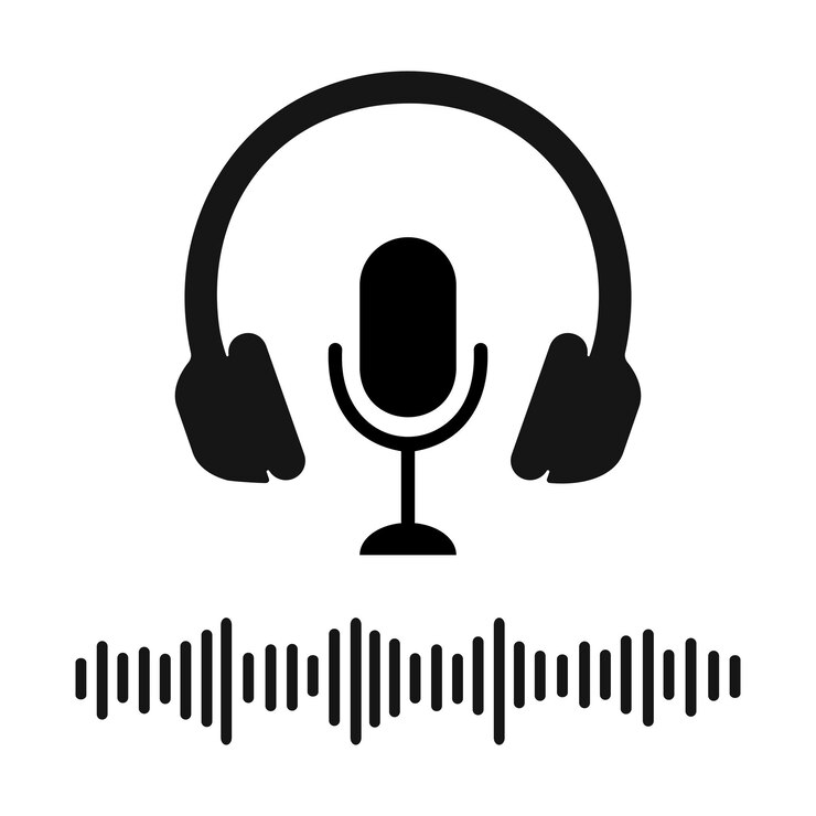 Vecteur des écouteurs, des microphones et des icônes d'ondes sonores enregistrement de chansons de concerts de radio en ligne podcast en streaming