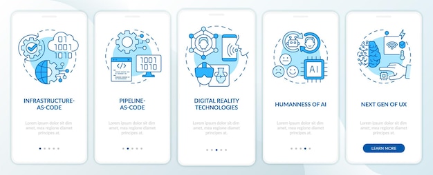 Écran d'application mobile d'intégration bleu des tendances macro technologiques Procédure pas à pas des systèmes numériques Pages d'instructions graphiques en 5 étapes avec concepts linéaires Modèle d'interface utilisateur graphique UI UX Myriad ProBold Polices régulières utilisées
