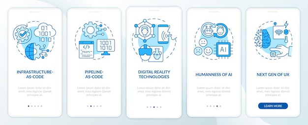 Écran D'application Mobile D'intégration Bleu Des Tendances Macro Technologiques Procédure Pas à Pas Des Systèmes Numériques Pages D'instructions Graphiques En 5 étapes Avec Concepts Linéaires Modèle D'interface Utilisateur Graphique Ui Ux Myriad Probold Polices Régulières Utilisées