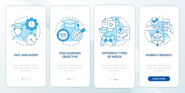 Écran de l'application mobile d'intégration bleue des aspects de la micro-formation