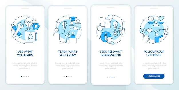 Écran de l'application mobile d'intégration bleue des techniques d'apprentissage pratiques