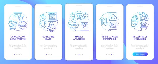 Écran d'application mobile d'intégration de dégradé bleu de types de contenu de site Web