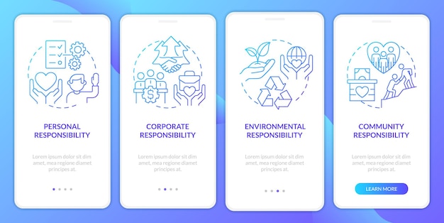 Écran d'application mobile d'intégration de dégradé bleu de types de responsabilité sociale