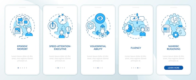 Écran de l'application mobile d'intégration des domaines de la fonction cognitive en bleu