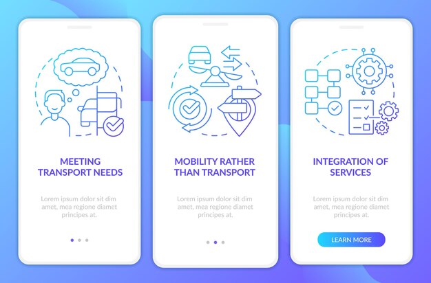 Écran de l'application mobile d'intégration du dégradé bleu des composants du concept MaaS