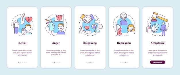 Écran d'application mobile d'intégration des étapes de divorce. Procédure pas à pas des états mentaux pages d'instructions graphiques en 5 étapes avec des concepts linéaires. UI, UX, modèle d'interface graphique. Myriad Pro-Bold, polices régulières utilisées